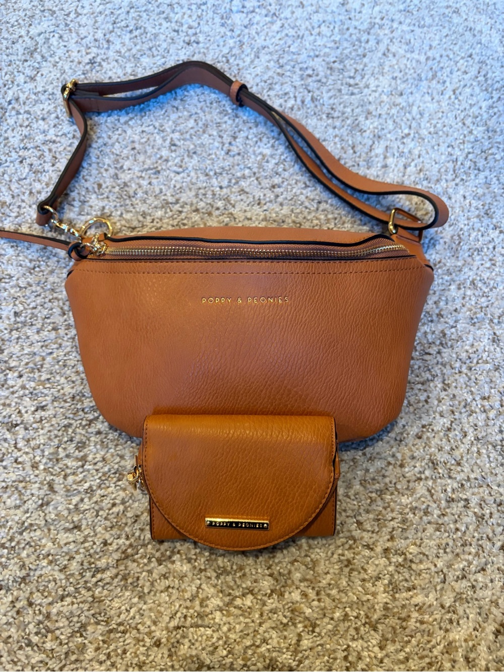 Poppy & Peonies Tan Leather Crossbody Belt Bag and matching wallet